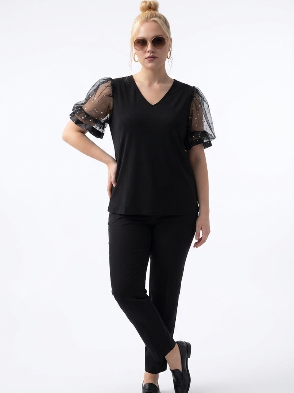 Black V-Neck Top with Sheer Star-Embellished Puff Sleeves size 3x